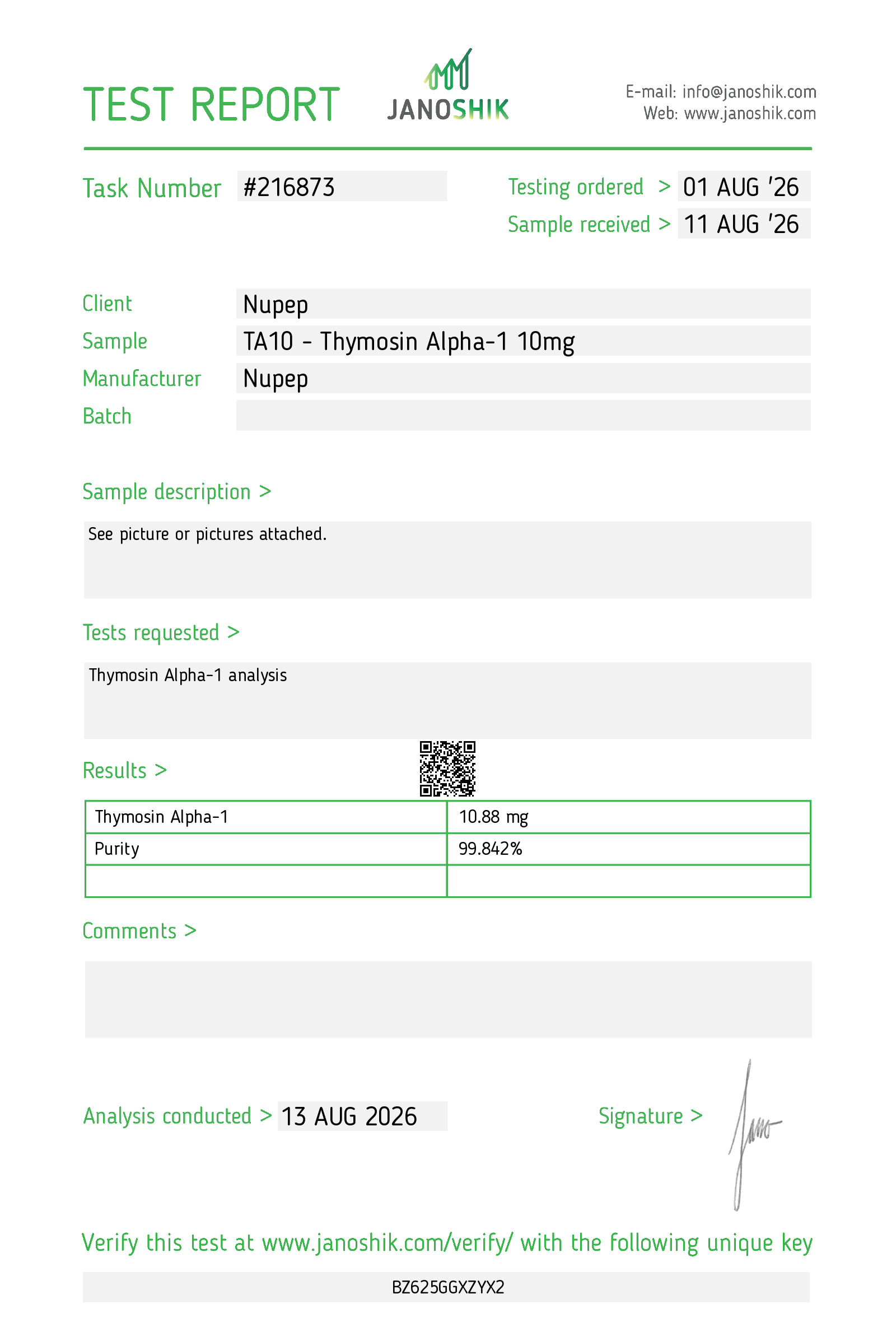 COA test result
