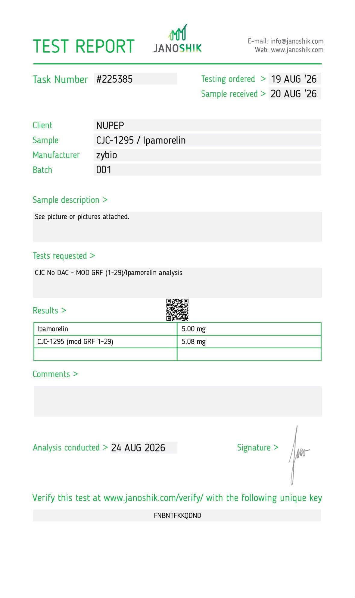 COA test result