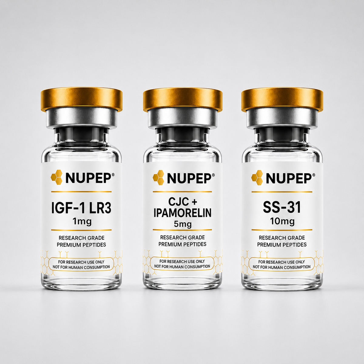 Three clear glass vials with gold caps arranged side by side on a light gray background. The labels show the brand NUPEP and product names IGF-1 LR3 1mg, CJC + IPAMORELIN 5mg, and SS-31 10mg.