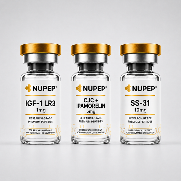 Three clear glass vials with gold caps arranged side by side on a light gray background. The labels show the brand NUPEP and product names IGF-1 LR3 1mg, CJC + IPAMORELIN 5mg, and SS-31 10mg.
