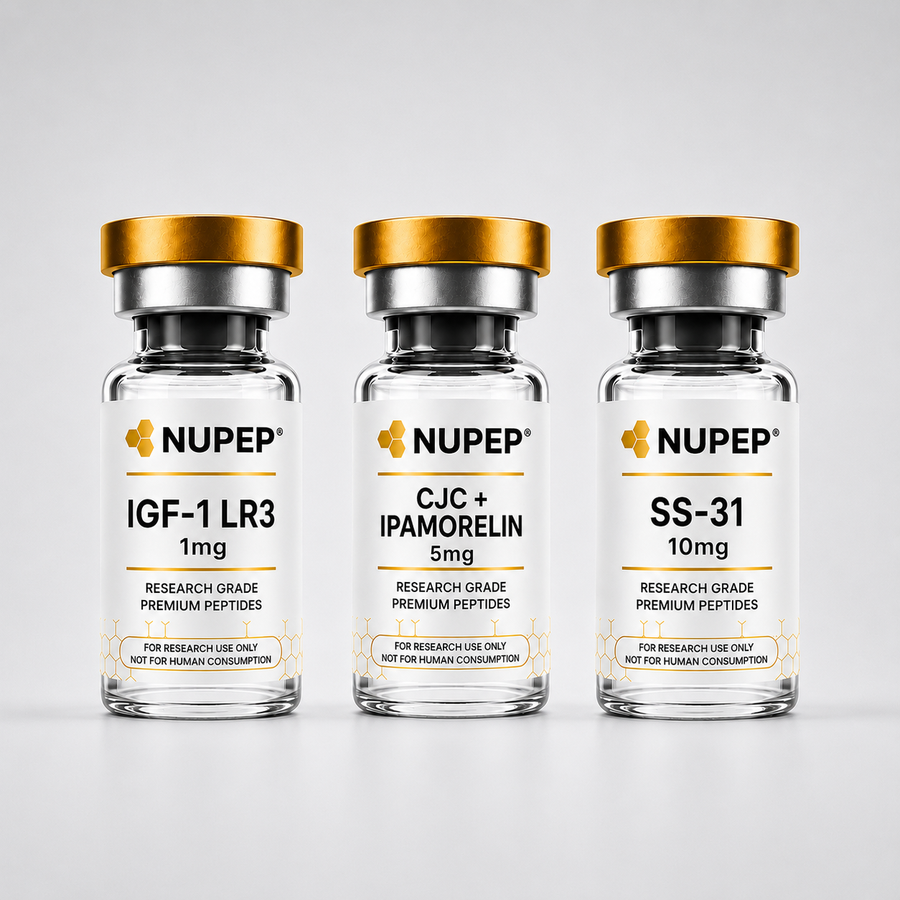 Three clear glass vials with gold caps arranged side by side on a light gray background. The labels show the brand NUPEP and product names IGF-1 LR3 1mg, CJC + IPAMORELIN 5mg, and SS-31 10mg.