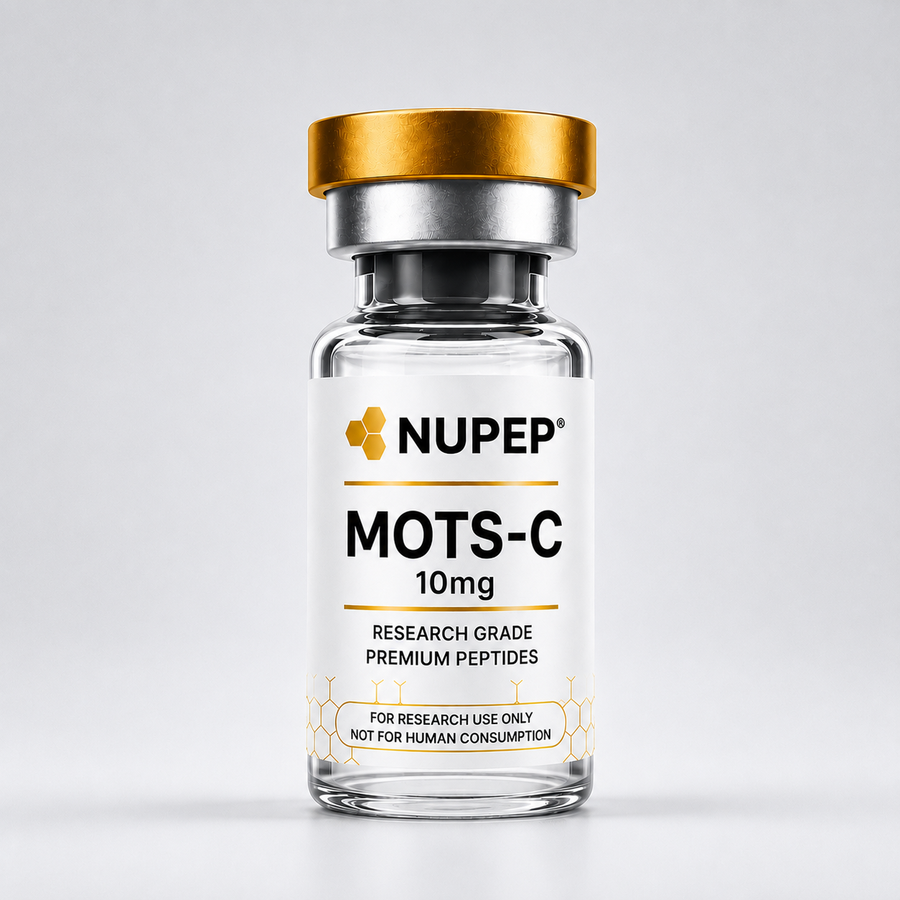 A clear glass vial of NUPEP MOTS-C 10mg research grade premium peptides, featuring a metallic gold cap and a white label with black and gold text, set against a light gray background.