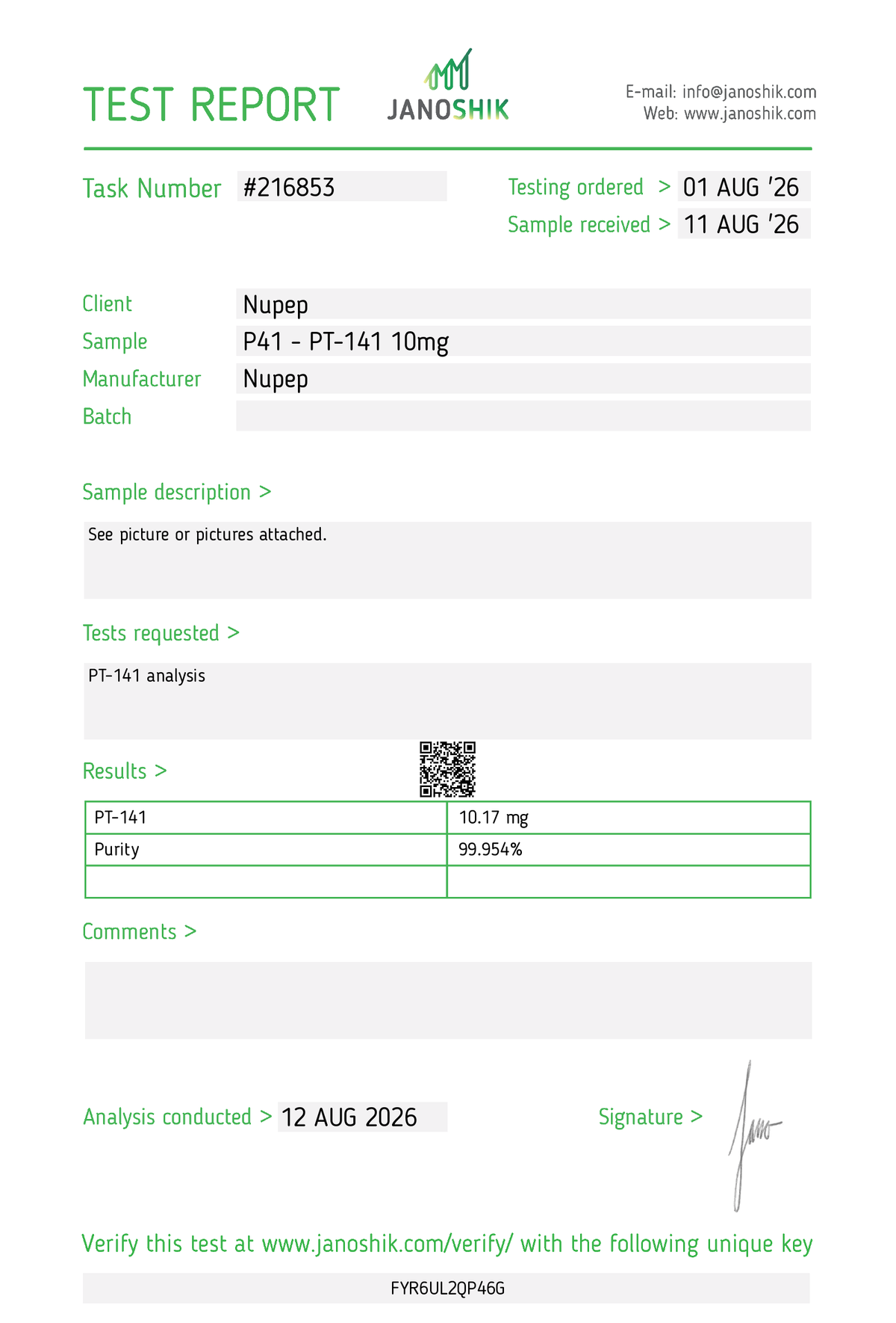 COA test result