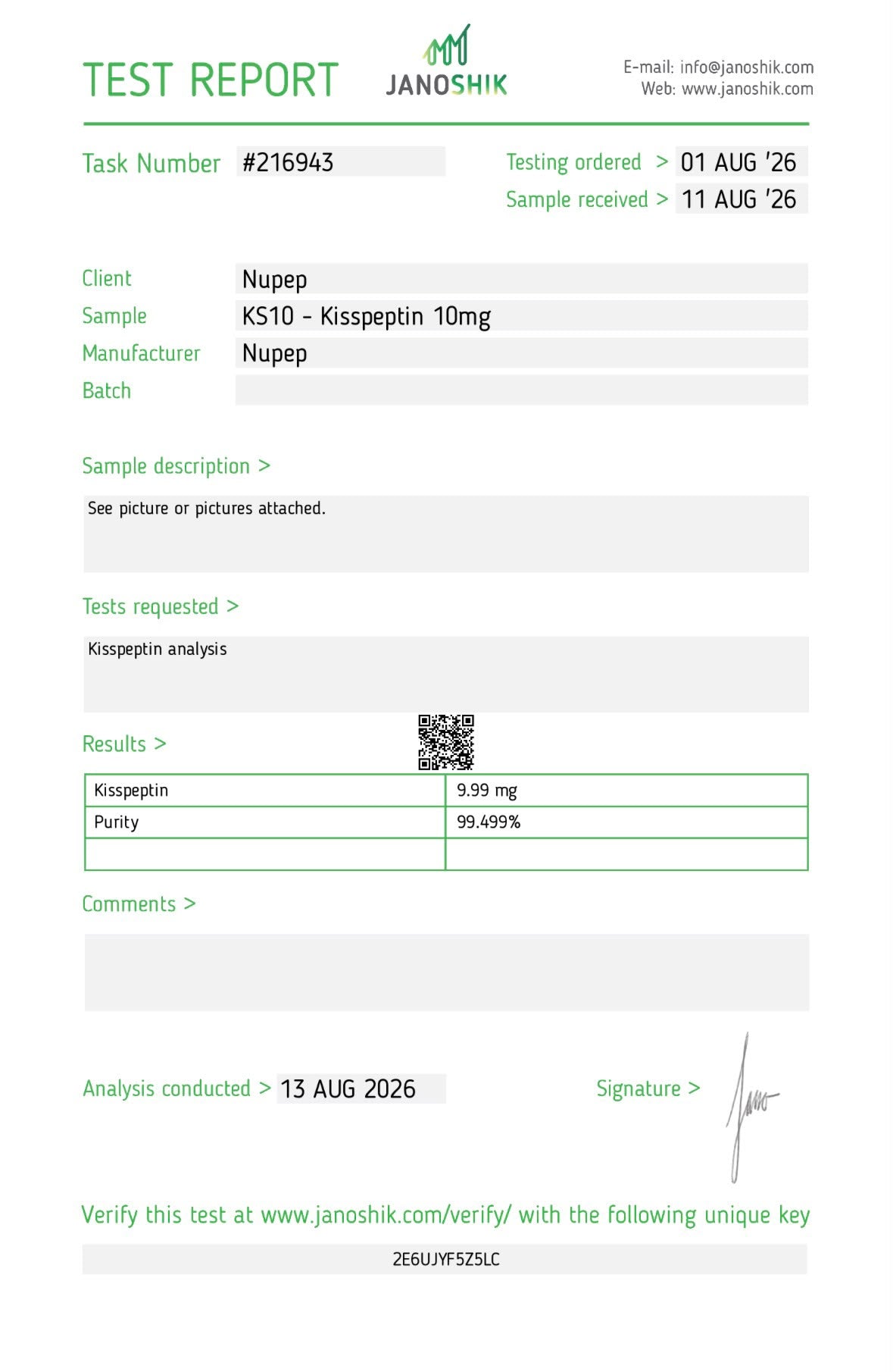 COA test result